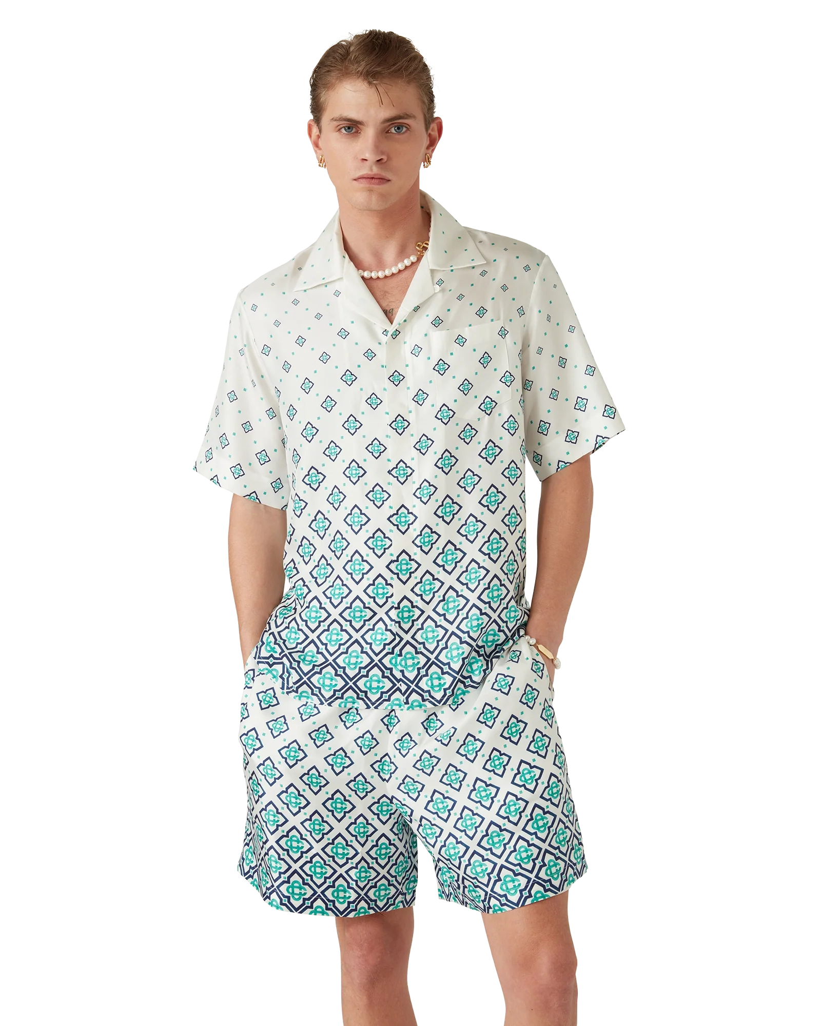 Camisa de seda de manga corta con monograma degradado