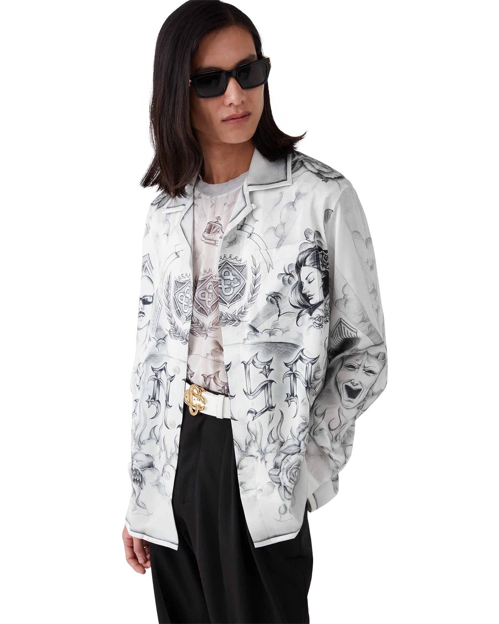Camisa de seda de manga larga con tatuaje