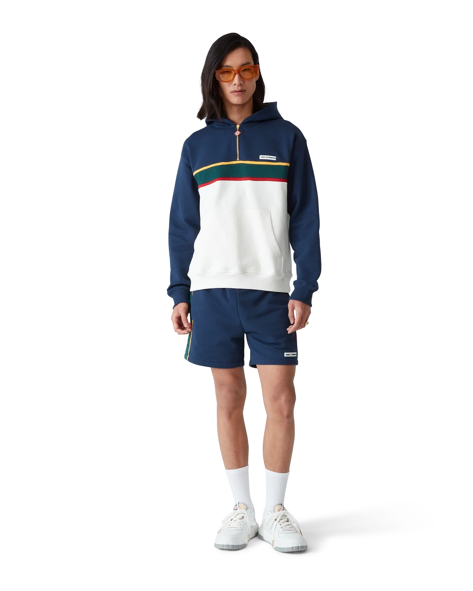 Sudadera con capucha y cremallera de un cuarto con bloques de color