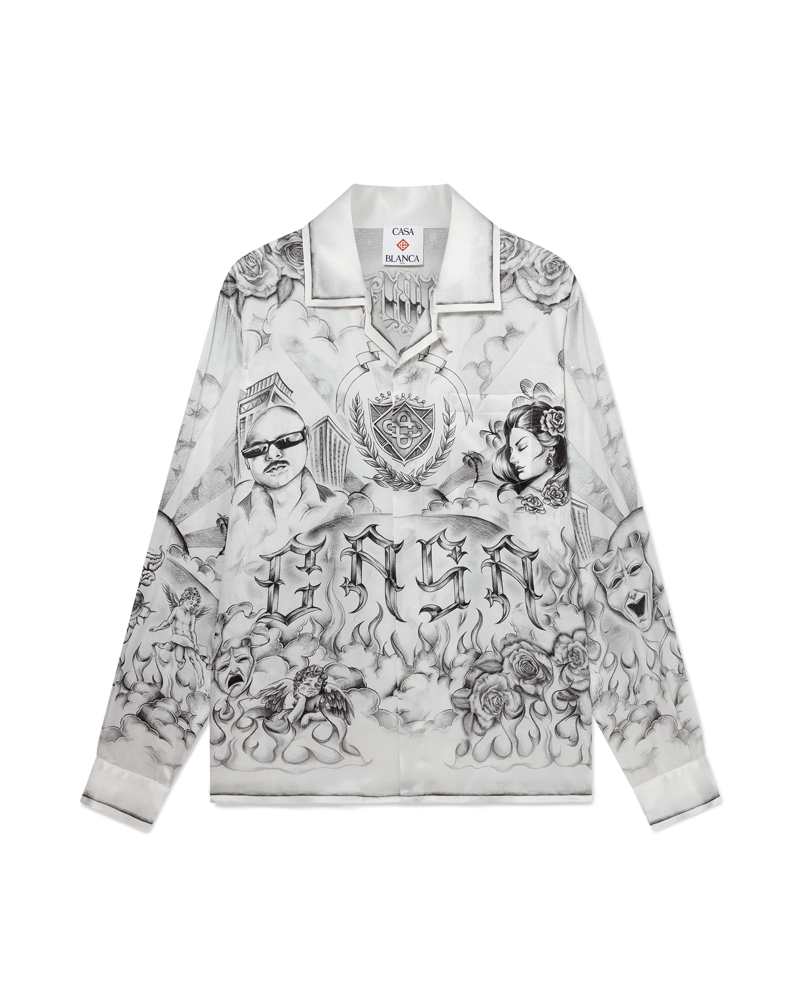 Camisa de seda de manga larga con tatuaje