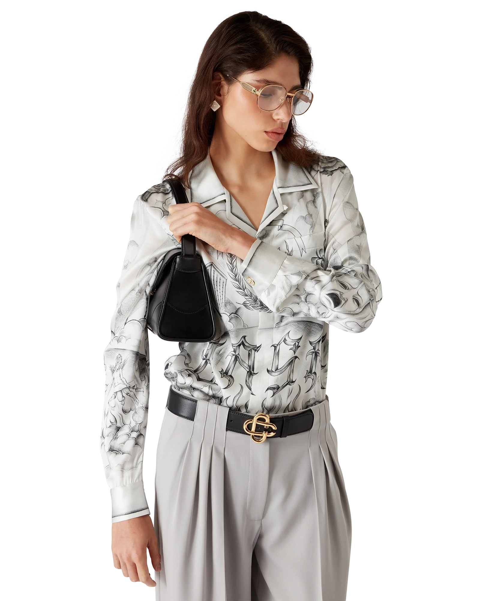 Camisa de seda de manga larga con tatuaje